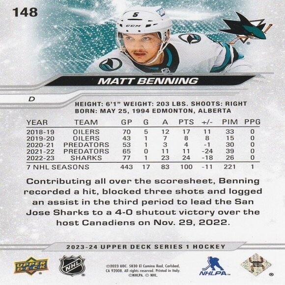 Matt Benning - 2023/2024 Upper Deck Series 1 Hockey Card - Picture 2 of 2